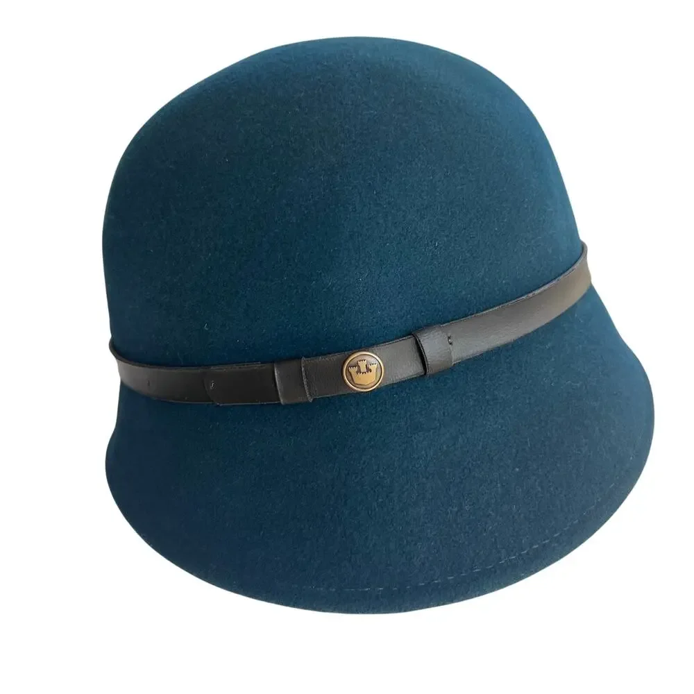 Goorin Bros 100% Wool Cloche Hat Medium Teal Blue Made in USA Leather Band
